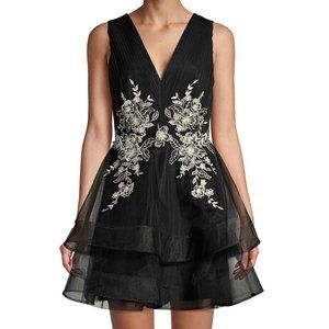BCBGMAXAZRIA Black Tulle Embroidered Tiered Dress size 0